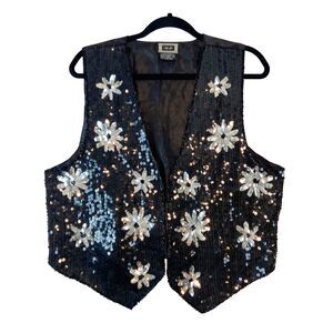 AJ Sequin Vest Womens Medium Black Silver VTG 90s Glam Sparkly Cabaret Disco NYE